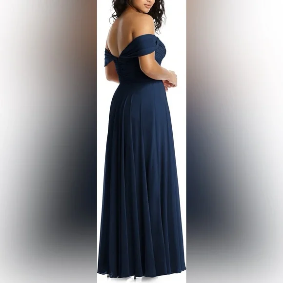 Dessy Collection Lux Off the Shoulder Chiffon Gown Navy Blue Maxi Dress Size 12 - Picture 2 of 8